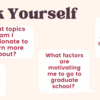 Title: Ask Yourself Pop-ups of questions to ask yourself before attending graduate school: What factors are motivating me to go to graduate school? What topics am I passionate to learn more about? What kind of graduate programs do I want to pursue? What do I want to do after I finish my graduate degree?