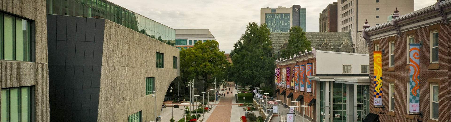 Aerial view of Liacouras Walk and the Charles Library
