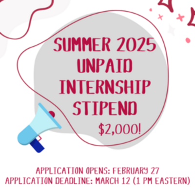 Promotional graphic for a Summer 2025 unpaid internship stipend of $2,000 with application details.