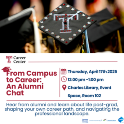 Promotional image for "From Campus to Career: An Alumni Chat" event with a decorated graduation cap and event details.