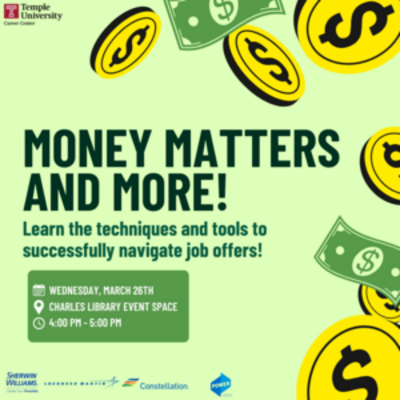 Promotional graphic for a Temple University Career Center event, "Money Matters and More!" with details.