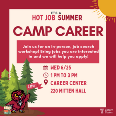 Job search workshop announcement with an owl, trees, and event details.