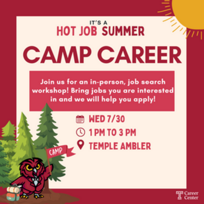 Job search workshop announcement with an owl, trees, and event details.