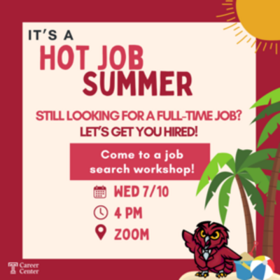 Promotional graphic for a summer job search workshop with sun, palm trees, and an owl.