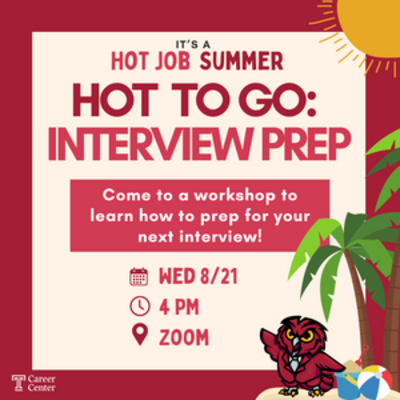 Promotional graphic for a summer job search workshop with sun, palm trees, and an owl.