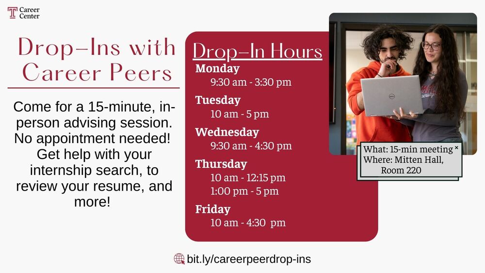 Graphic showcasing drop-in hours for Career Peers.