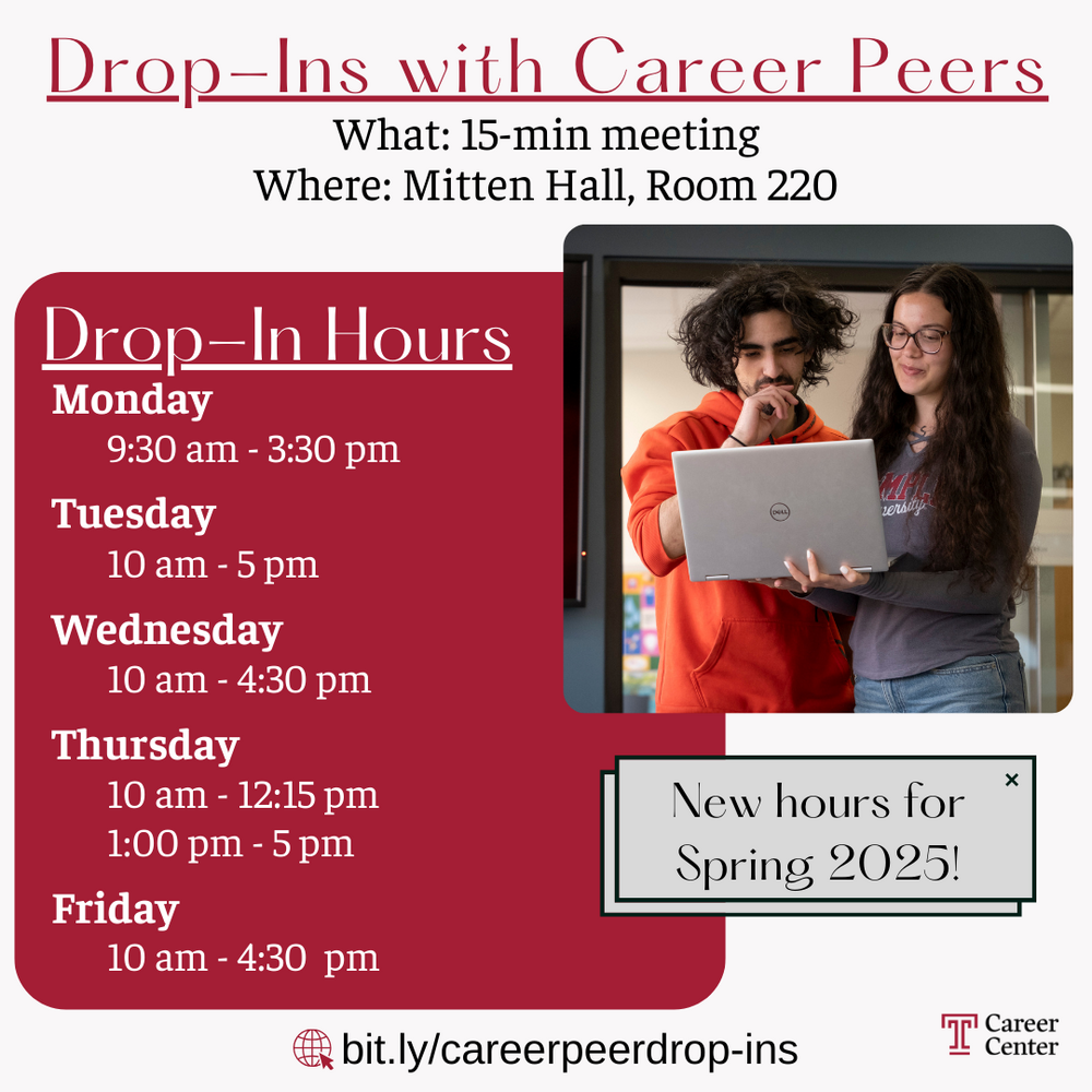 Promotional image for career peer drop-in hours with a photo of two people using a laptop. Hours listed below in drop-down menu.