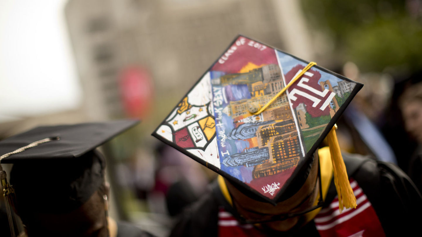 First Destination Survey results are finding that Temple graduates are having success landing jobs in their fields of study. Image of a Temple graduate in their cap.